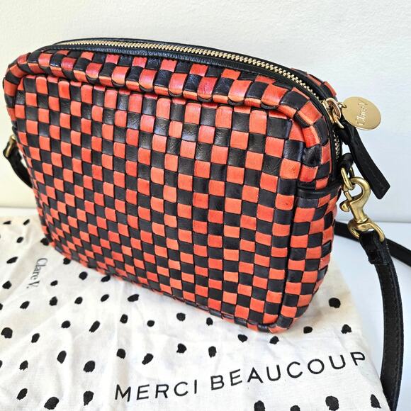 Clare V Handbags - Clare Vivier V Midi Sac Red Black Checker Woven Leather Crossbody Purse EUC Rare